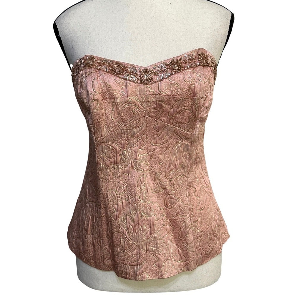 VTG Moda International Pink Brocade Corset Top Beaded Floral Y2K Coquette M Rare